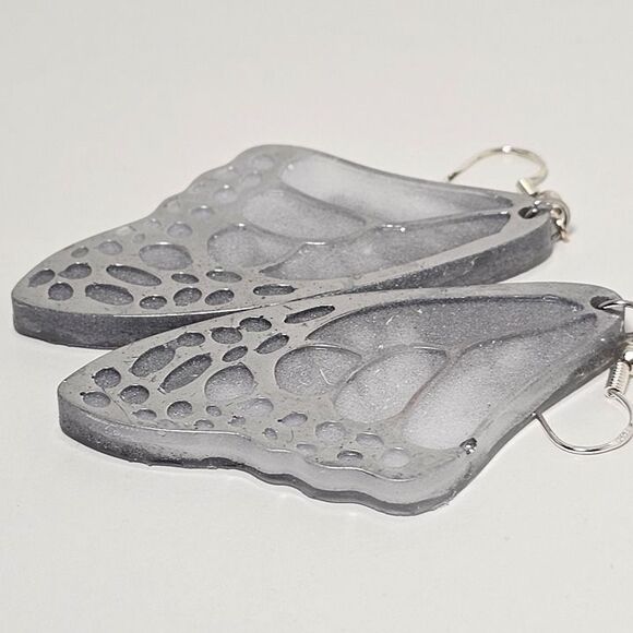 Handmade Monochrome Silver Butterfly Dangly Earrings - Picture 3 of 8